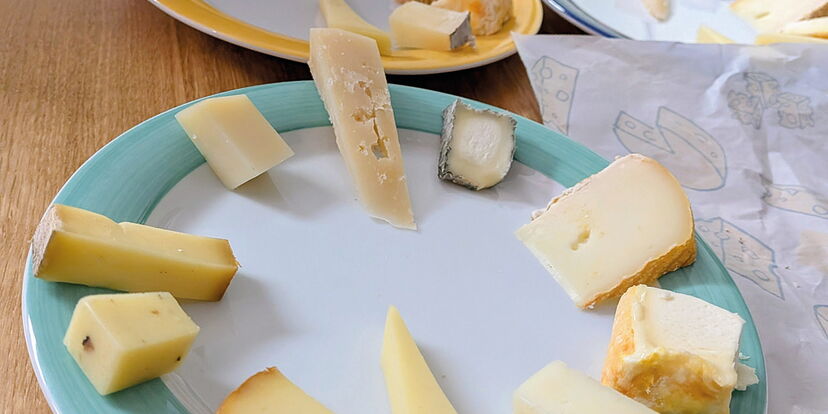 eine Mitarbeiterin von Wein und Käse richtet 10 verschiedene Käsesorten auf einem Teller an-